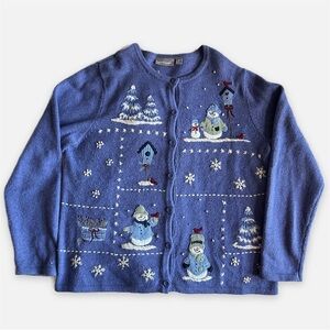 Vintage Croft & Barrow Snowman Cardigan Sweater Cozy Whimsical Novelty Knit M